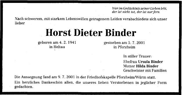 Binder Horst Dieter 1941-2001 Todesanzeige
